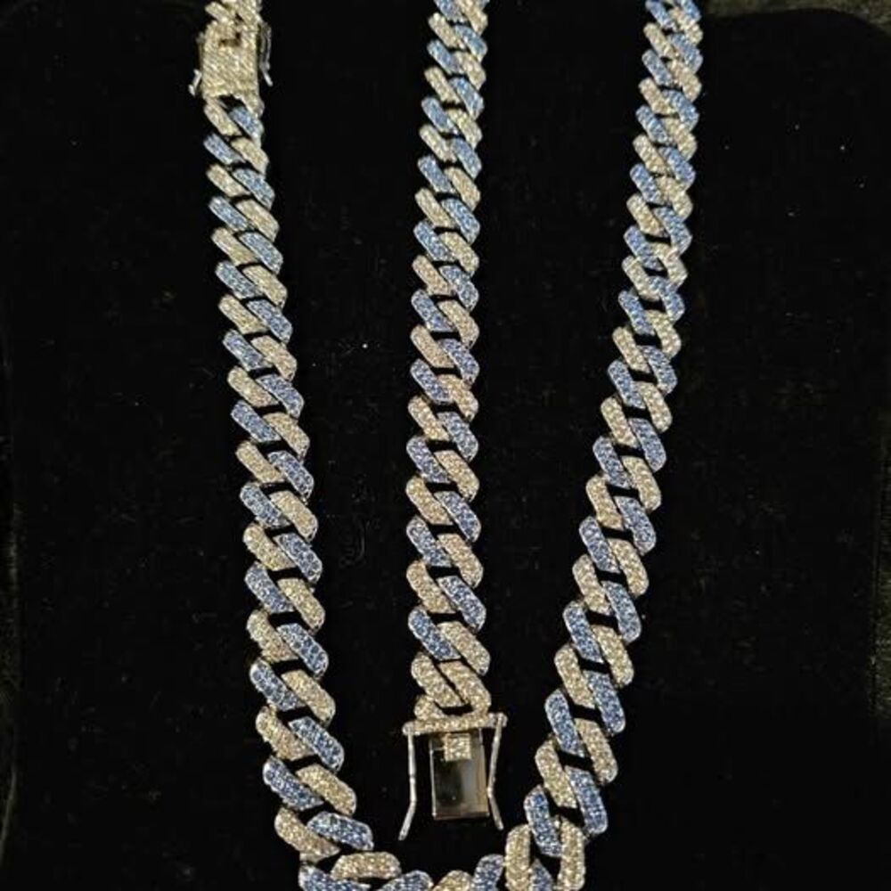22" Cuban Necklace with 8" Bracelet. Stainless with White and Blue CZ's.